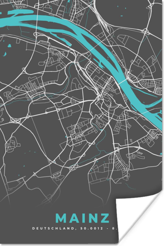 MuchoWow Poster Stadtplan - Karte - Mainz - Blau - Deutschland - Karte 20x30 cm - Papierdruck