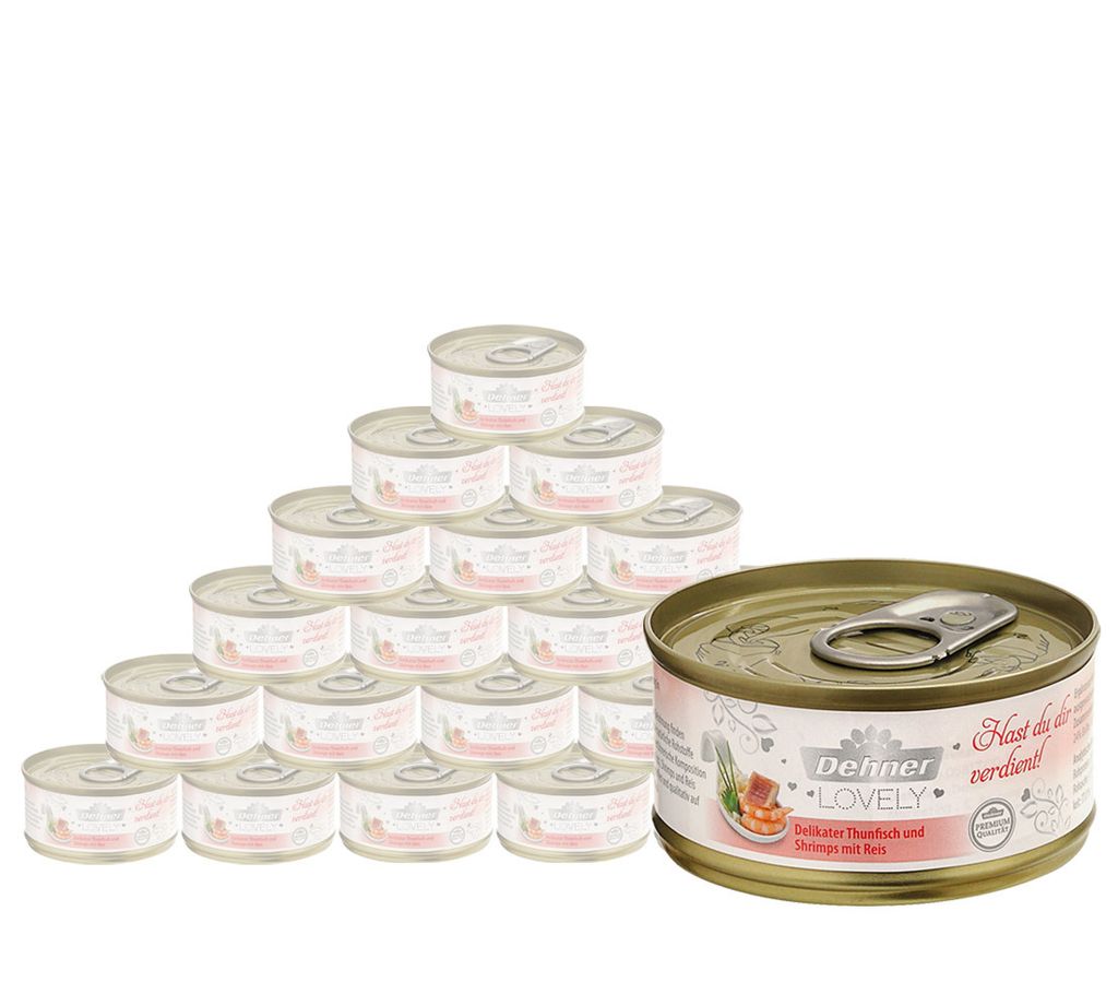 Dehner Premium Lovely Katzenfutter, Nassfutter glutenfrei, für ausgewachsene Katzen, Thunfisch / Shrimps / Reis, 24 x 70 g Dose (1.68 kg)