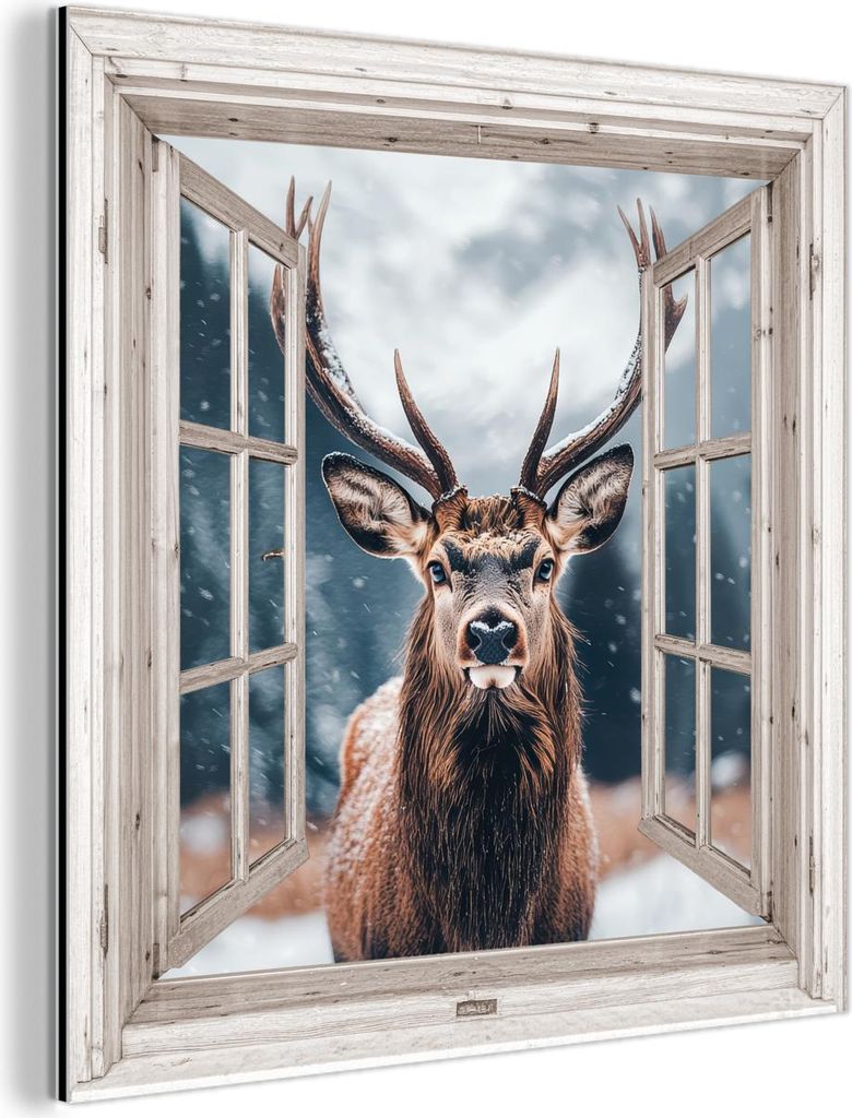 MuchoWow Wanddekoration Metall Metallbild Wandkunst 50x50 cm Hirsche - Tiere - Landschaft - Winter - Schnee - Aussicht - Natur MuchoWow Aluminium G...