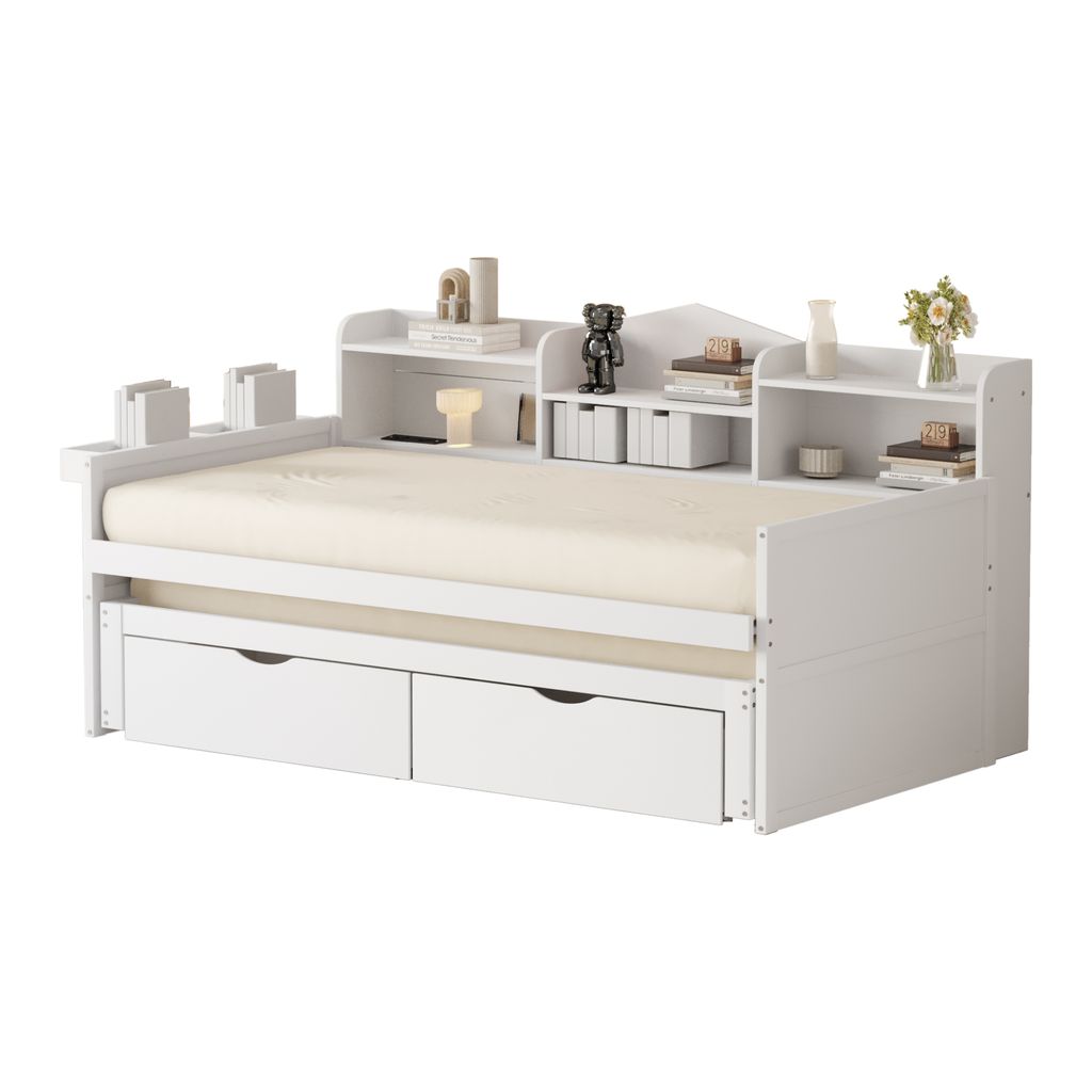 Schlafsofa 90*200, Ausziehbett 90*190 mit zwei Schubladen, großem Staufach und Ablagekorb, USB-Steckdose, Einzelholzbett, weiß
