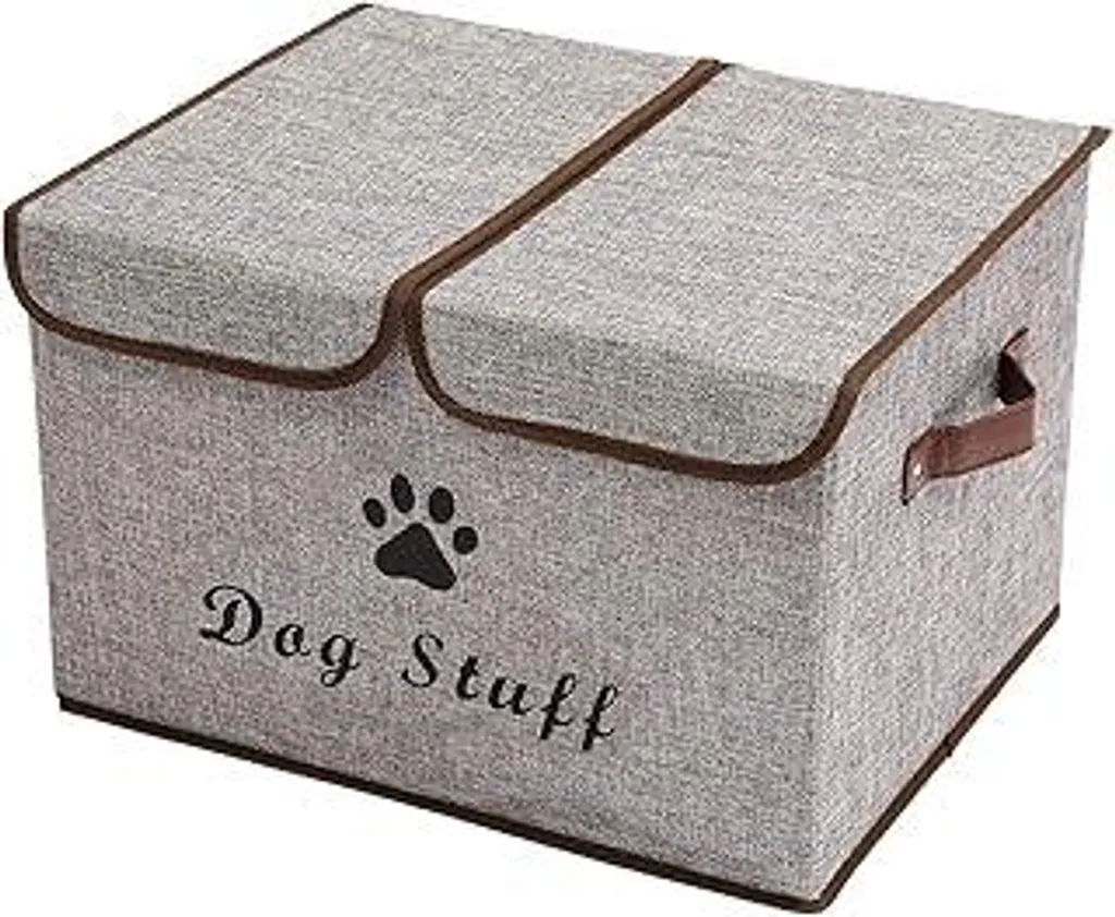 Pethiy Grande contenitore in tela con coperchio per accessori per cani - Cesto pieghevole a doppia griglia con manici, per giocattoli per cani Abbigliamento per cani - 43 x 31 x 26 cm (grigio)