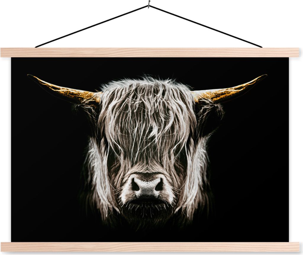 MuchoWow Textilposter Schottisches Hochlandrind - Gold - Hörner - Schwarz und weiß - Kuh - Tiere 60x40 cm mit holzfarbenen Rahmen - Bilder