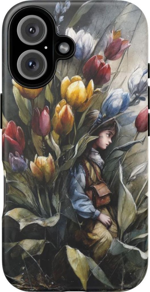 Mädchen zwischen bunten Blumen im Aquarellstil – Handyhülle Kompatibel mit iPhone 16