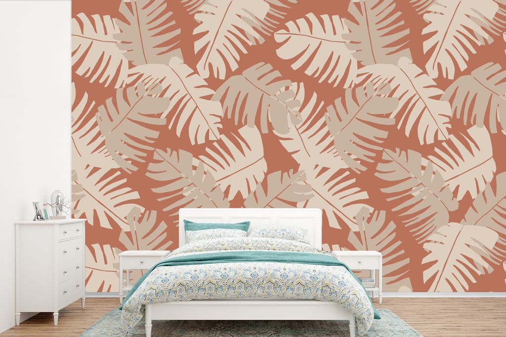 MuchoWow Fototapete für Wohnzimmer oder Schlafzimmer Wandtapete Vinyl Motivtapete Sommer - Blätter - Braun - 450x300 cm - Gemusterte