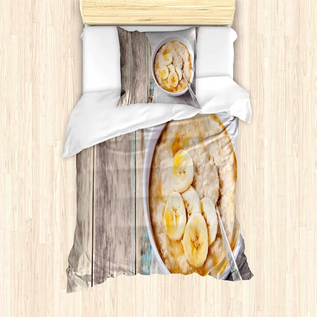 ABAKUHAUS Set copripiumino in avena per letti singoli, ciotola Banana Porridge, antiacaro, adatto a chi soffre di allergie, con federa, 135 cm x 200 cm - 80 x 80 cm, multicolore
