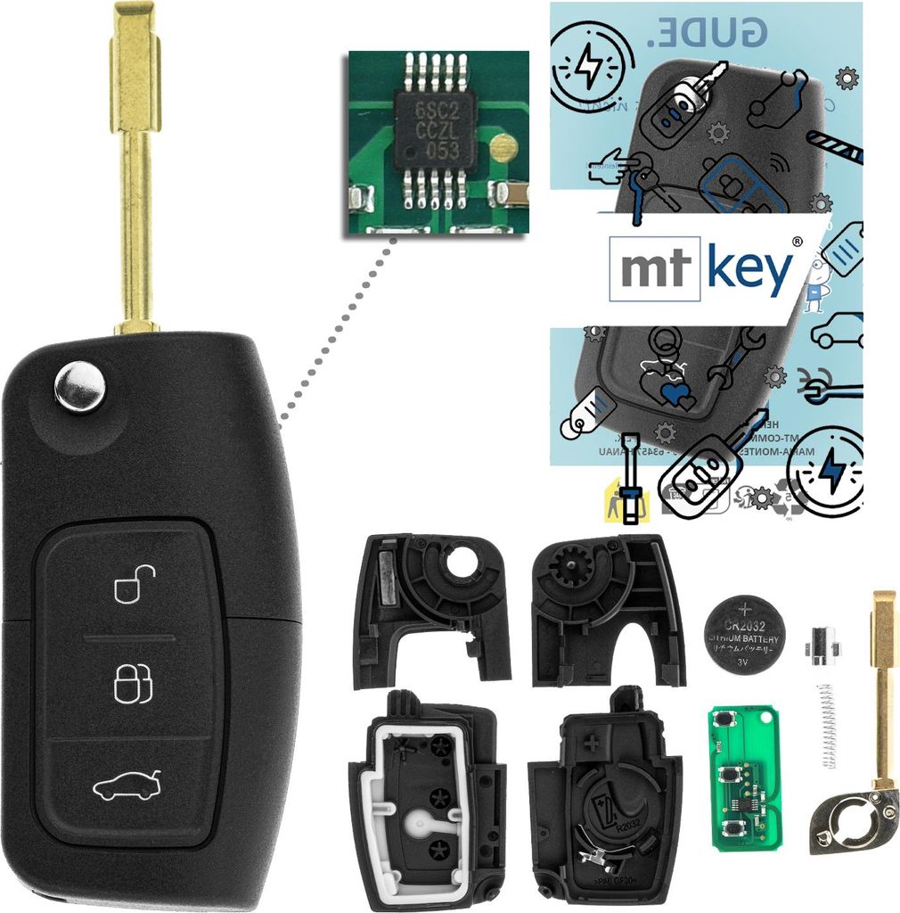MT-KEY 3 Tasten Funk Schlüssel 434MHZ kompatibel mit Ford Transit Connect I -06 Focus I 98-04 Mondeo 01-07 Fiesta VII 08-12 433MHZ Klappschlüssel