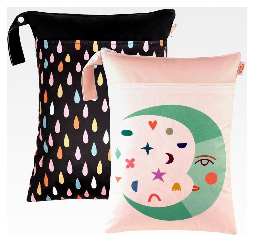 Wetbag Kindergarten Nassbeutel XL, 2 Stück, 40 x 30 cm, mit 2 Reißverschlusstaschen und Griff, wiederverwendbar für Windeln, Reisen, Gym, Strand...