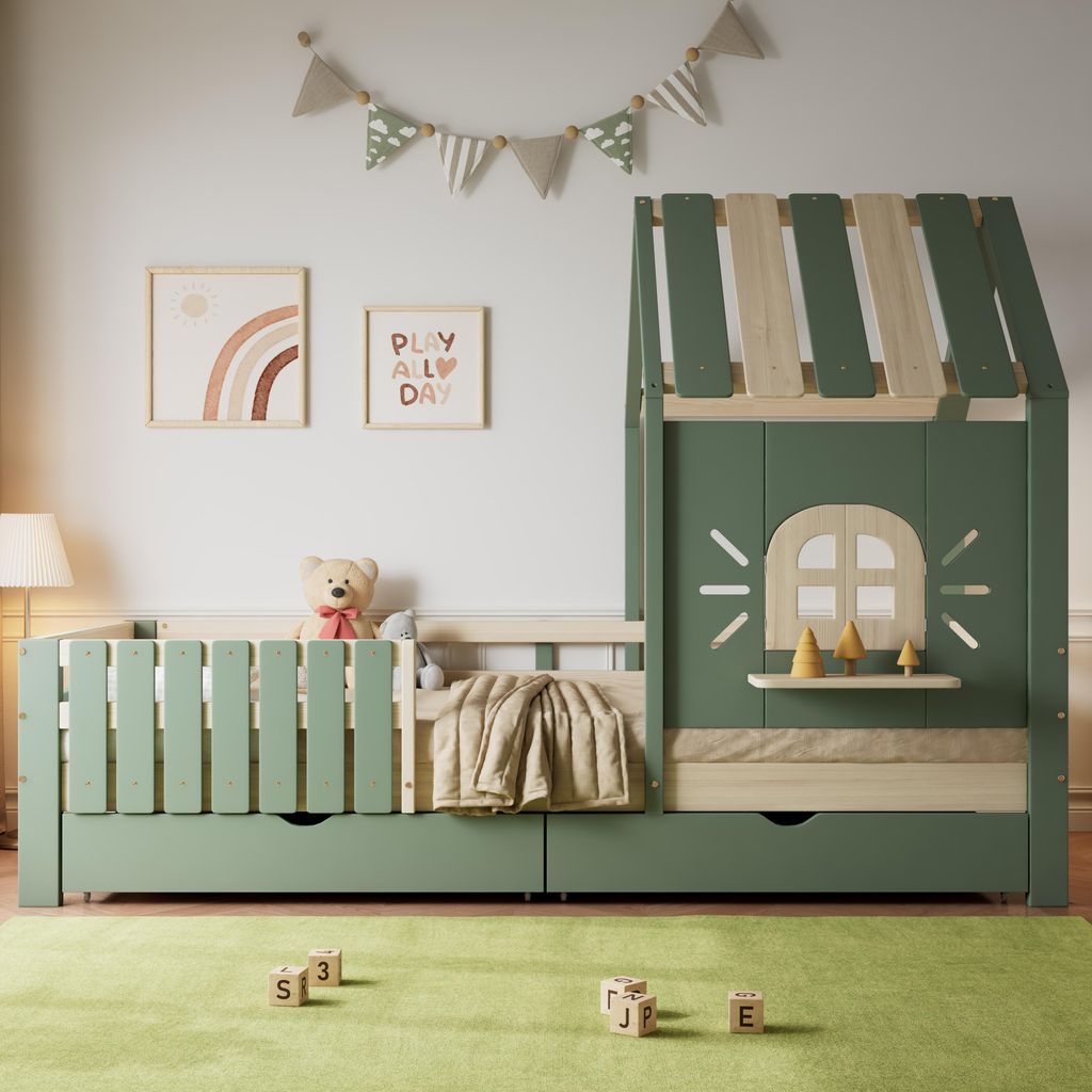 Hausbett Kinderbett 90x200 cm mit Dach, Fenster, Produktbild 