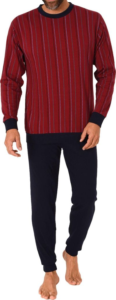 Herren langarm Schlafanzug mit Bündchen Pyjama in eleganter Streifenoptik ; rot , 54