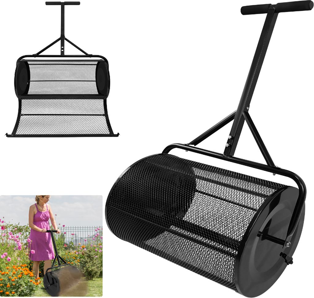 LZQ Kompoststreuer (65 * 40 cm) Düngerstreuer, Roller Saatgutstreuer Metall Mesh Korb Streuer für Rasen Streuer für Salz Kompost Streuer Gartens...