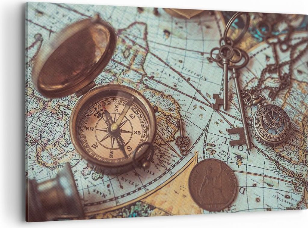 Bild auf Leinwand - Leinwandbild - Einteilig - Kompass Vintage Karte - 100x70cm - Wand Bild - Wanddeko - Wandbilder - Leinwanddruck - Bilder - Wand...