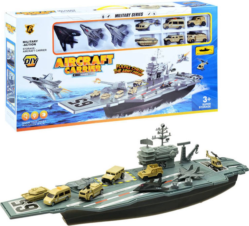 A toy aircraft carrier with miniature vehicles and aircraft, shown both on its packaging and as a standalone toy.