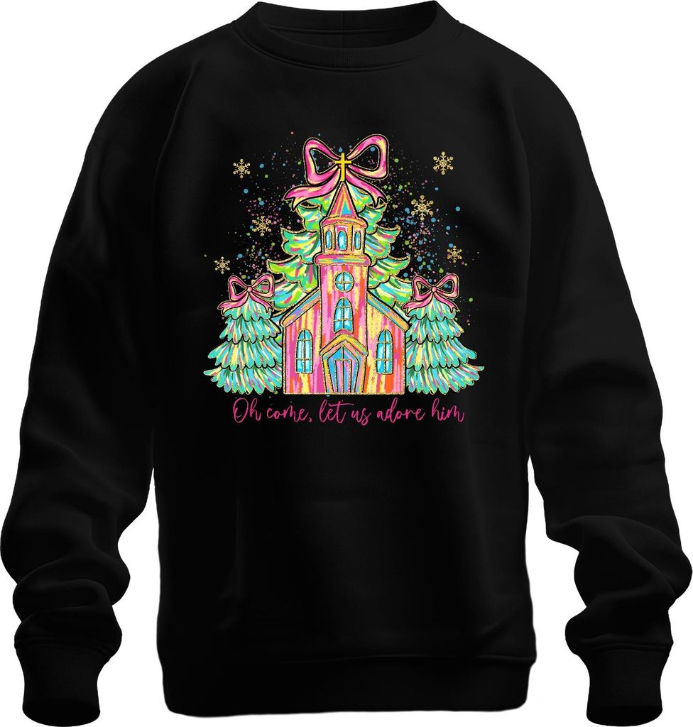 Oh Come Let Us Adore Him Kirche Tannenbaum Schleife Weihnachten Uni Sweatshirt Pullover, Schwarz, S