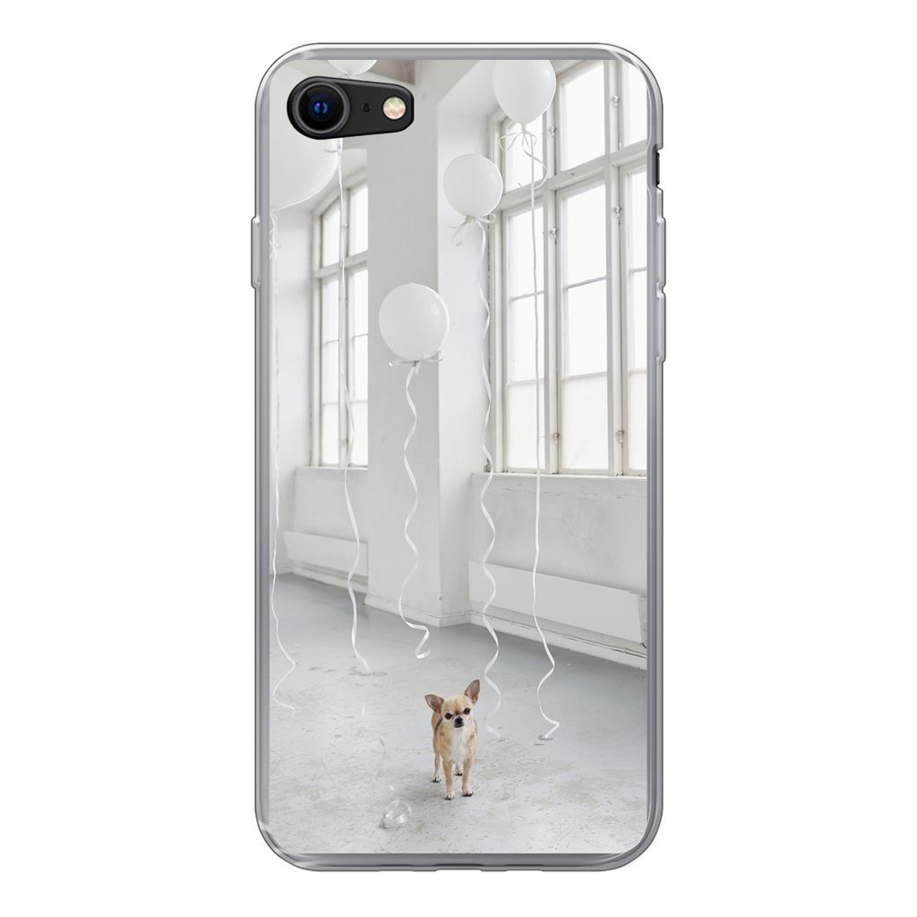 MuchoWow Handyhülle Schutzhülle Hülle für iPhone SE 2022 Hund - Weiß - Luftballon Silikon Softcase Handy Hülle - Schutzhülle