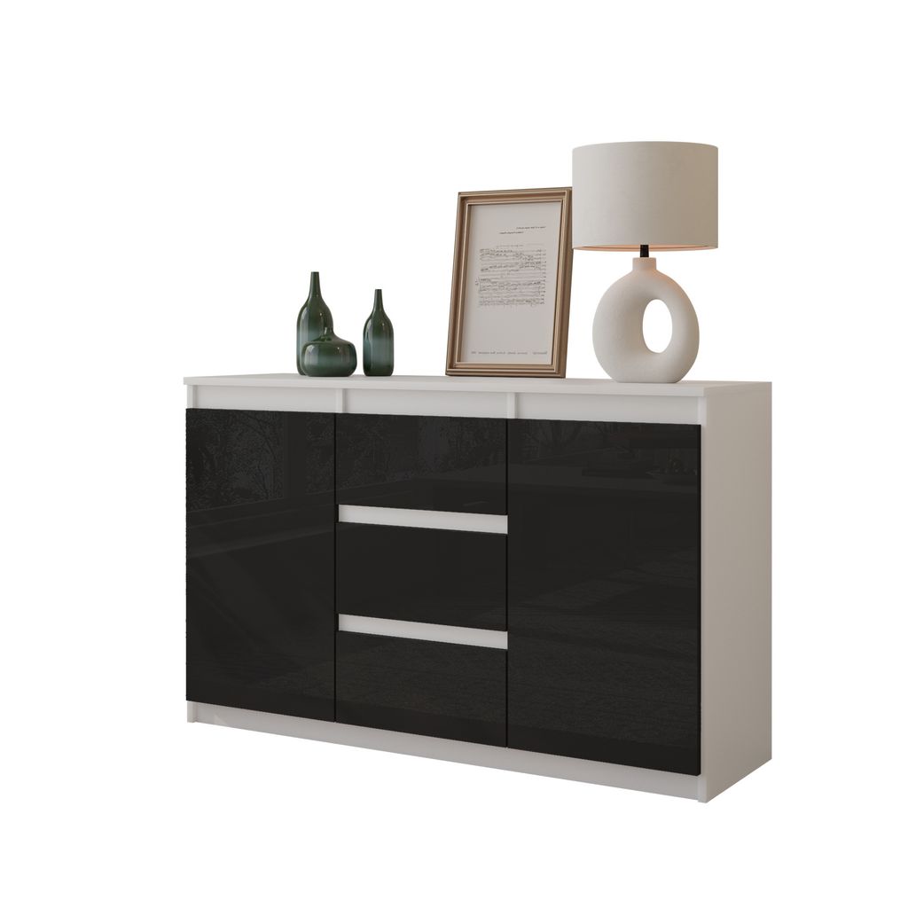 FURNICA - MIKEL - Kommode / Sideboard mit 3 Schubladen und 2 Türen - Weiß Matt / Schwarz Gloss H75cm B120cm T35cm