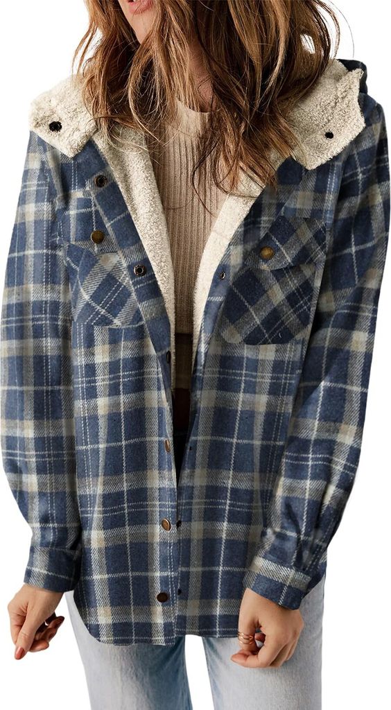 ASKSA Damen Jacke Karierte Winterjacke Oversize Langarm Winter Warme Gefuettert mit Kapuze Knoepfen Casual Maentel Jacken (Blau,L)