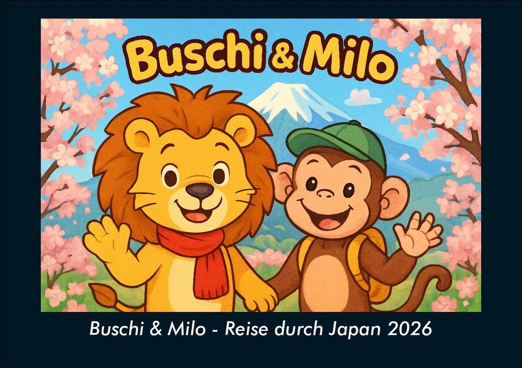 Buschi & Milo - Reise durch Japan 2026 Fotokalender - Querformat DIN A5, Monatskalender mit Kinder-Motiven von Tieren, Reisen, Freundschaft und Abe...