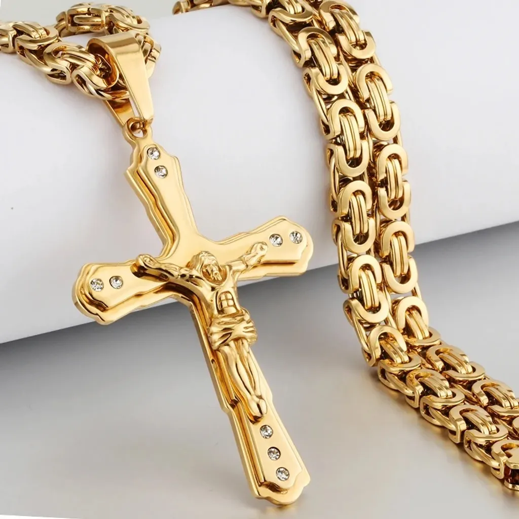Collier Long 70cm pour Homme en Finition Dorée avec Croix - ZI-32533