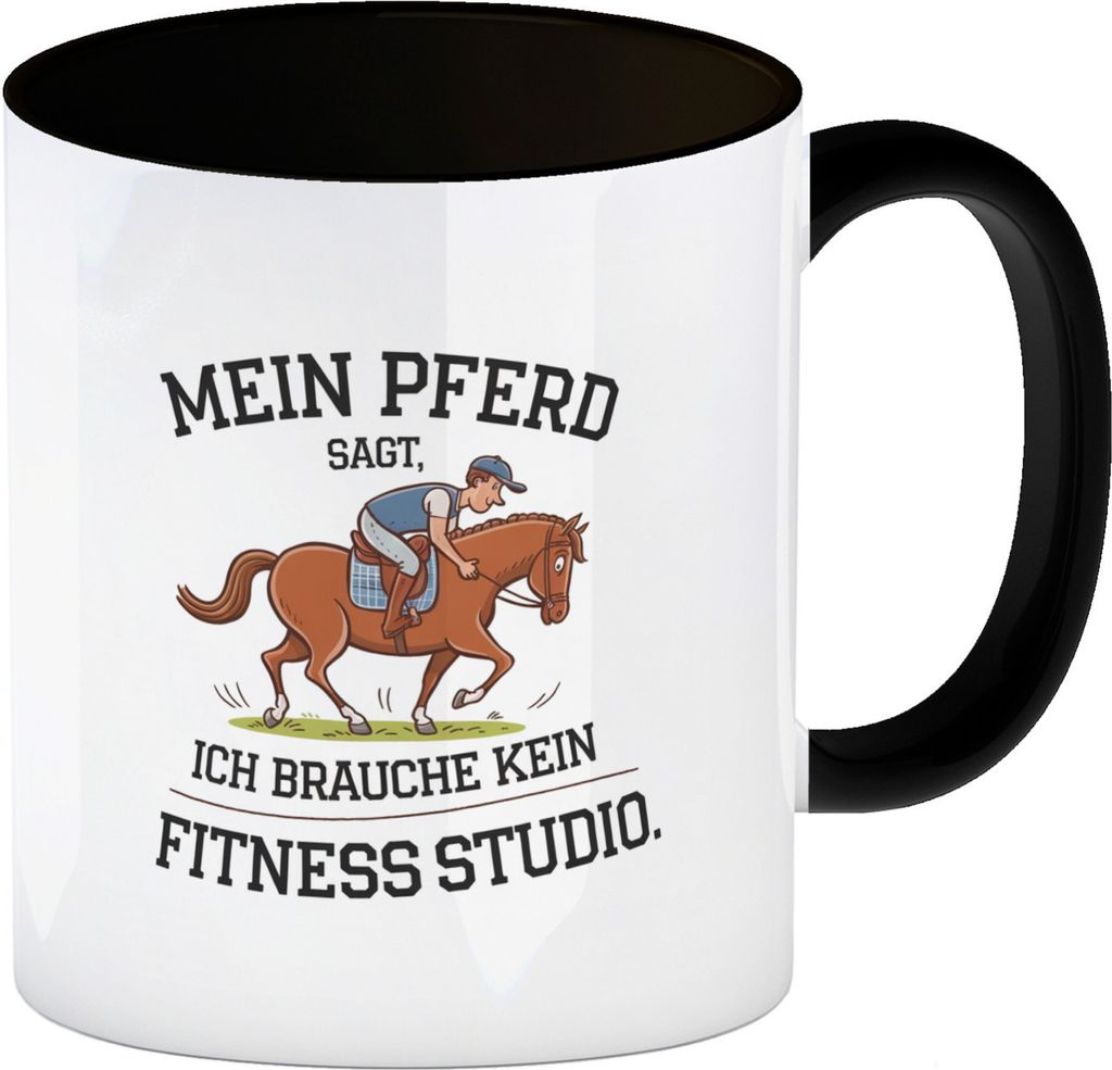 Mein Pferd ist mein Fitnessstudio Kaffeebecher in schwarz