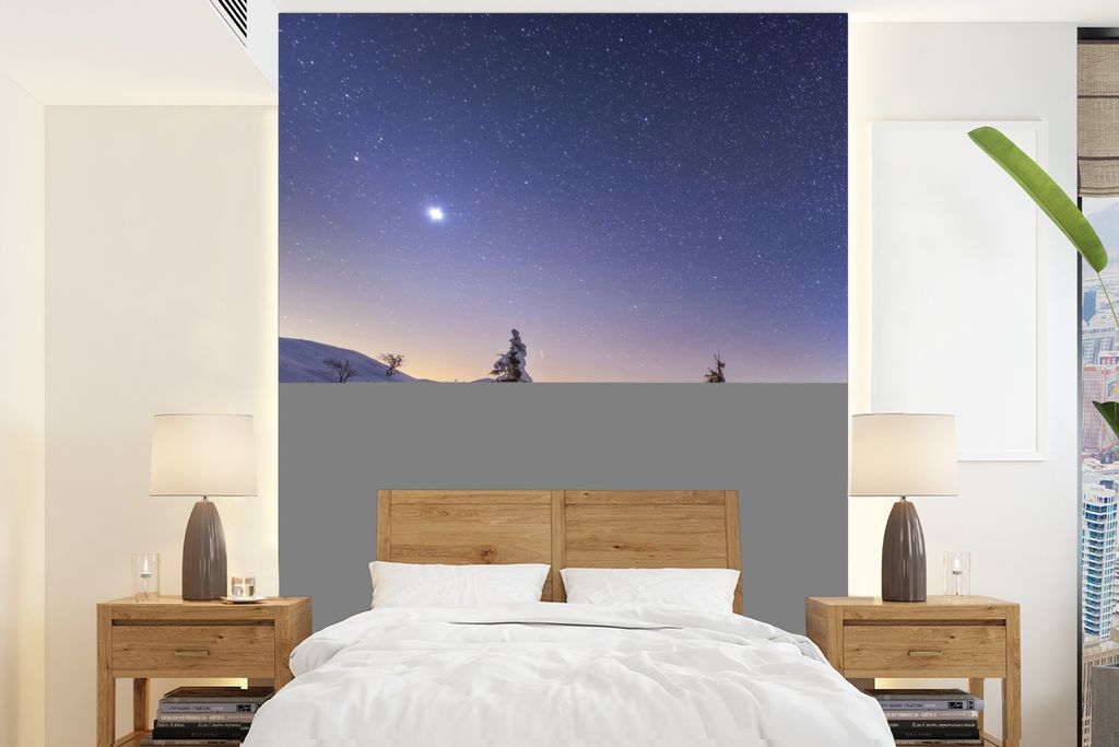 MuchoWow Fototapete für Wohnzimmer oder Schlafzimmer Wandtapete Vinyl Motivtapete Winter - Schnee - Nacht - Bäume - 205x280 cm - Wandbild