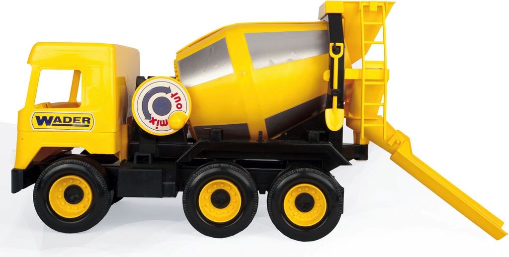 A yellow and black toy cement mixer truck.