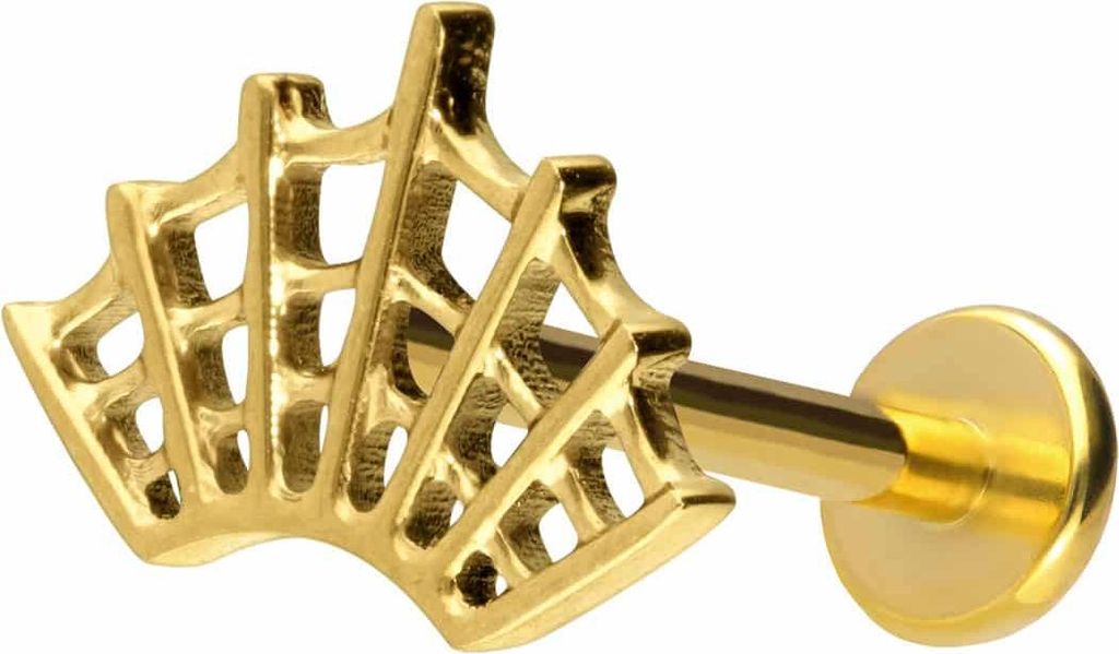 Ohrpiercing, Nasenpiercing Titan Labret mit Push Fit SPINNENNETZ Gold Stablänge: 10mm | Stabstärke: 1,2mm