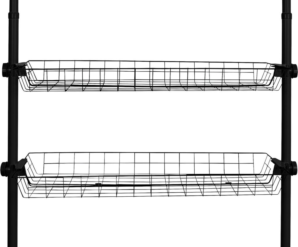Two black wire storage baskets are mounted on black poles.