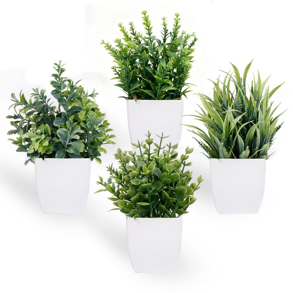 Künstliche Pflanzen, realistische 18 cm, kleine künstliche Pflanzen, 4 Stück, Kunststoffpflanzen mit Frosteffekt, Topfpflanzen, künstliche Pfla...