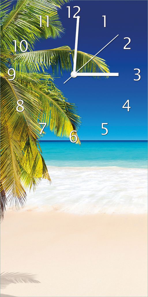 Wallario Design Wanduhr bedruckt, Größe 30 x 60 cm, Motiv: Südseestrand in der Karibik mit Palme