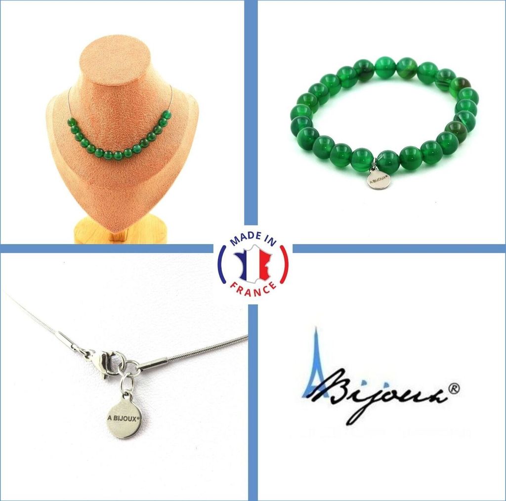 Schmuckset Armband Halskette 15 Perlen Grüner Achat 8 mm Edelstahlkette