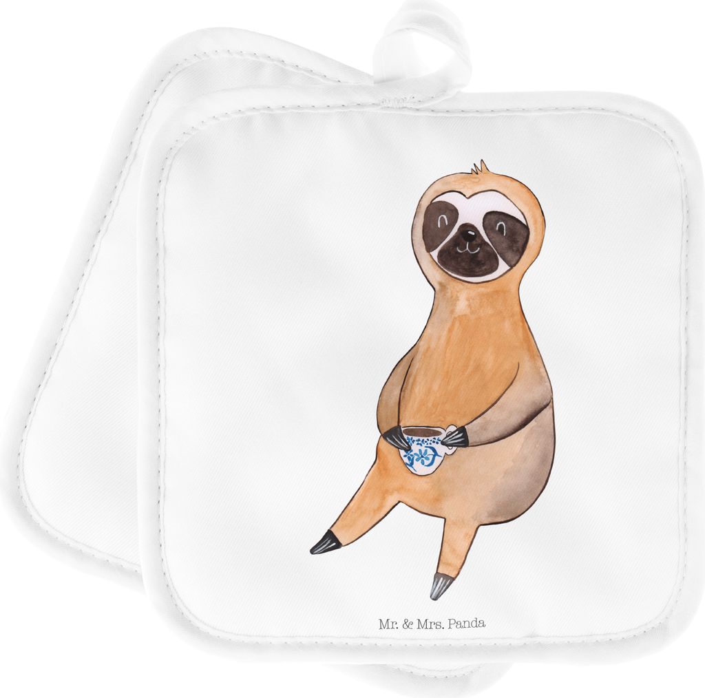 Mr. & Mrs. Panda Topfuntersetzer Faultier Kaffee - Weiß - Geschenk, topfhalter, Coffeeaddict, Topflappen Set, Kaffeetasse, Ofenlappen, Coffeelover...