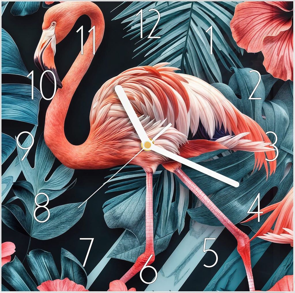Wanduhr aus Glas mit Motiv Flamingos und Blumen- 30 x 30 cm - inkl. Aufhängesystem