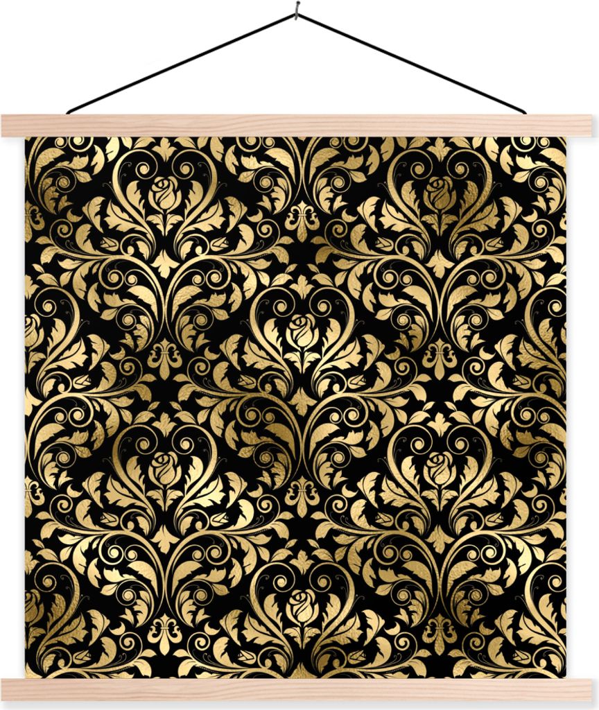 MuchoWow Textilposter Muster - Barock - Gold - Schwarz 120x120 cm mit holzfarbenen Rahmen - Textil-Poster