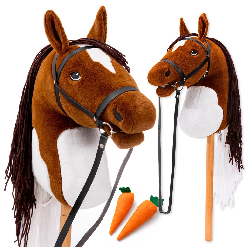 Hoofly Hobby Horse Braun (Schecke) - Großes Steckenpferd für Kinder A3 mit Schraubstab/Hobby Horse Pferde Set mit Trense