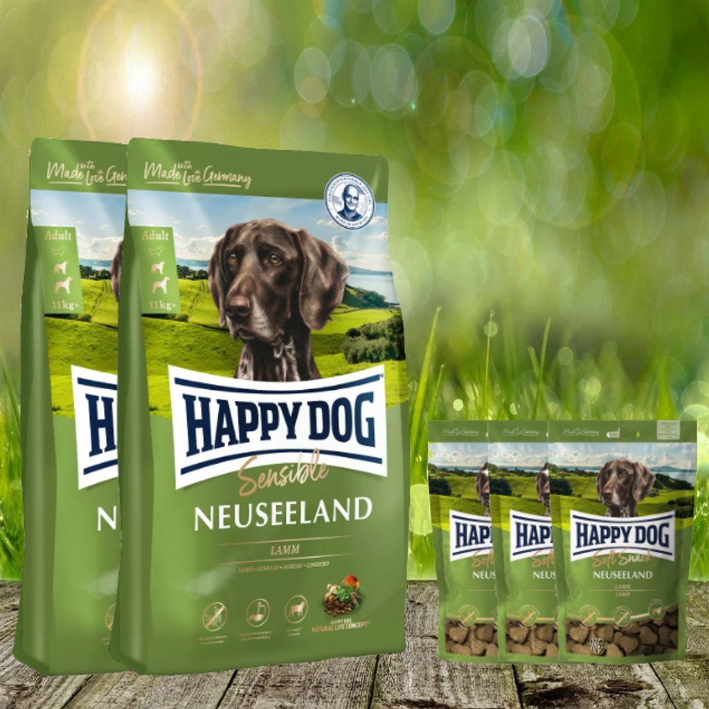 25 kg Happy Dog Supreme Neuseeland 2 x 12,5 kg + 3 x 100 g. Happy Dog Soft Snack Neuseeland