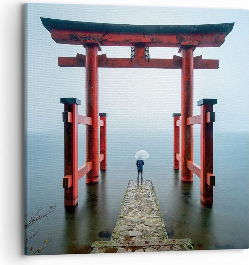 Bild auf Leinwand - Leinwandbild - Einteilig - Itsukushima-Jinja Tempel Regenschirm - 70x70cm Wand Bild Wanddeko Wandbilder Leinwanddruck Bilder Wa...