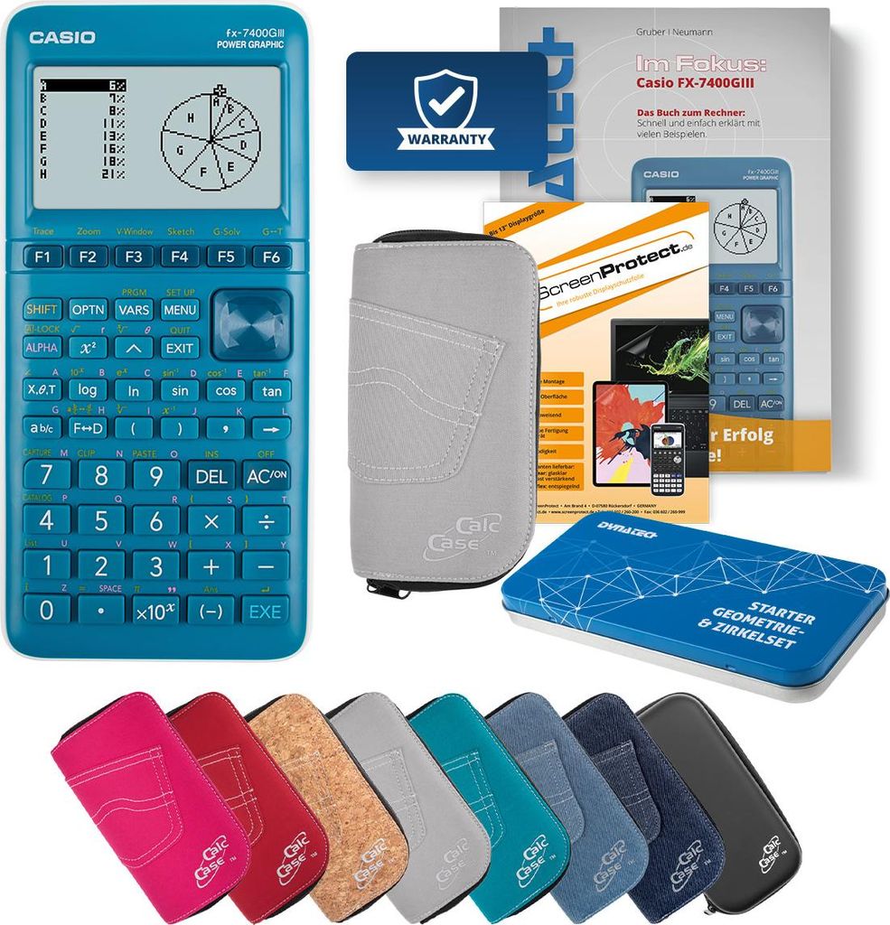 Casio FX-7400 G III Taschenrechner mit Tasche hellgrau, Folie, Fachbuch, Zirkel Set