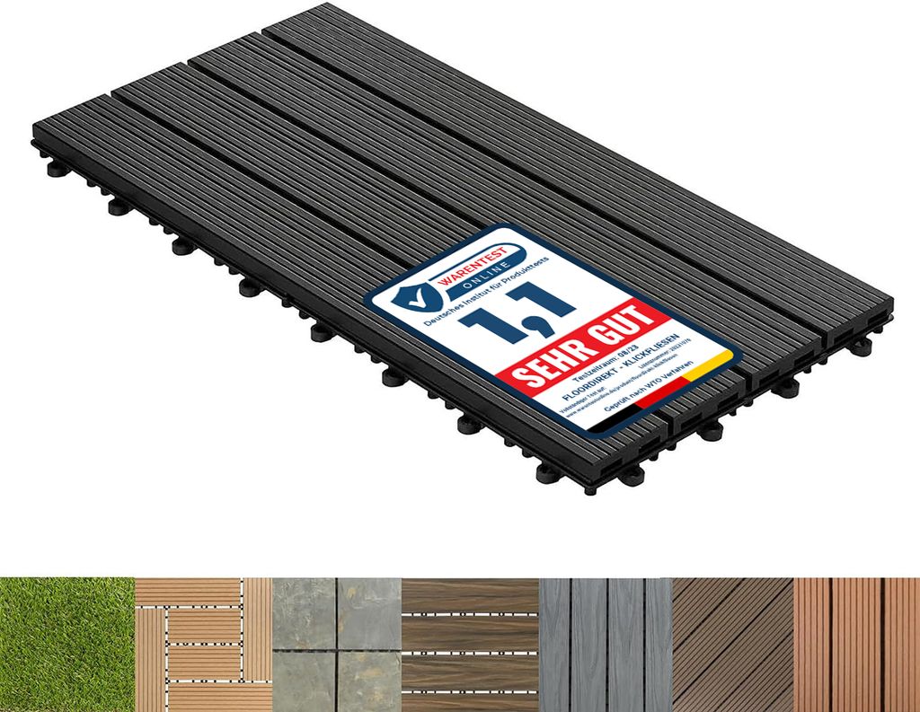 A set of dark gray WPC click tiles for a terrace, with a label indicating a quality rating.