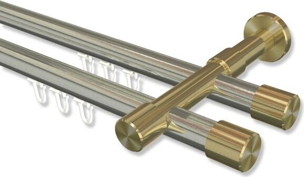 Interdeco Innenlaufstange, Gardinenstange mit Innenlauf Edelstahl-Optik / Messing-Optik Modell Prestige Santo, 20 mm Ø 2-läufig, 140 cm