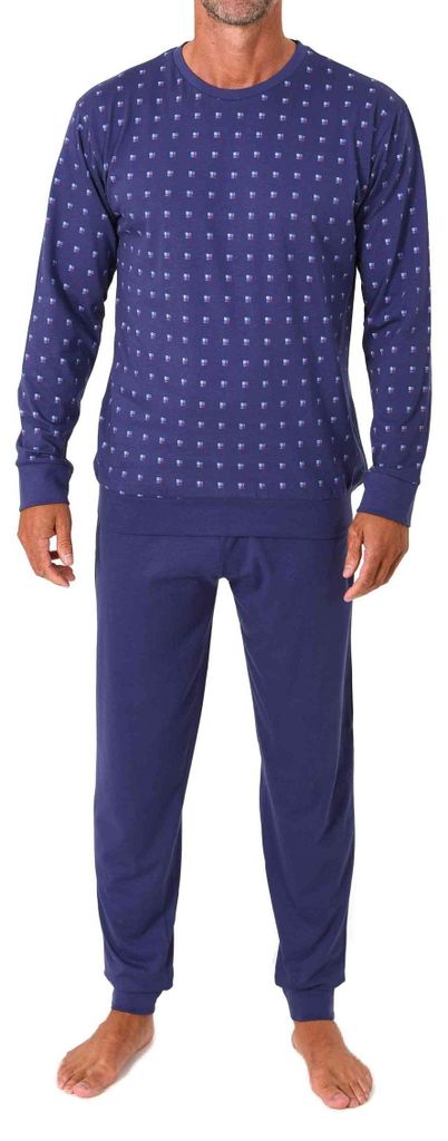 Normann Herren Schlafanzug langarm mit Bündchen Pyjama in eleganter Minimimal-Print-Optik ; marine , 58