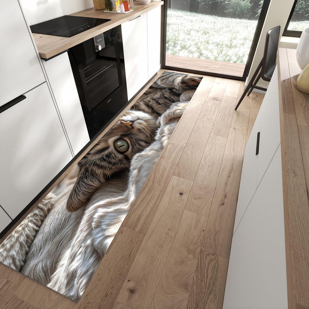 Küchenteppich 60x300cm rutschfest & abwischbar PVC Läufer - Gemütliche Katze