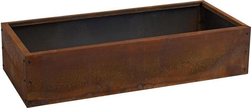A rectangular planter box with a rusted metal finish.
