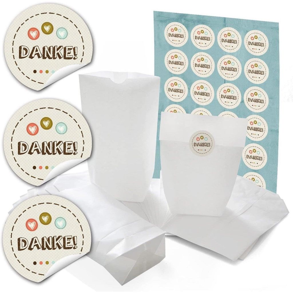 24 kleine weiße Papiertüten mit Boden Papier-Beutel Papiertüten Geschenktüten 14 x 22 x 5,6 cm + 24 runde Aufkleber Sticker DANKE mit 3 Herzen ...