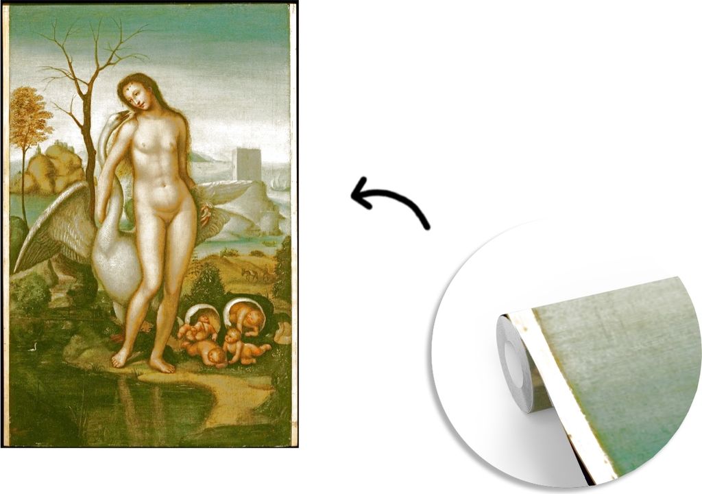 MuchoWow Fototapete für Wohnzimmer oder Schlafzimmer Wandtapete Vinyl Motivtapete Leda und der Schwan - Leonardo da Vinci - 190x280 cm - Küche
