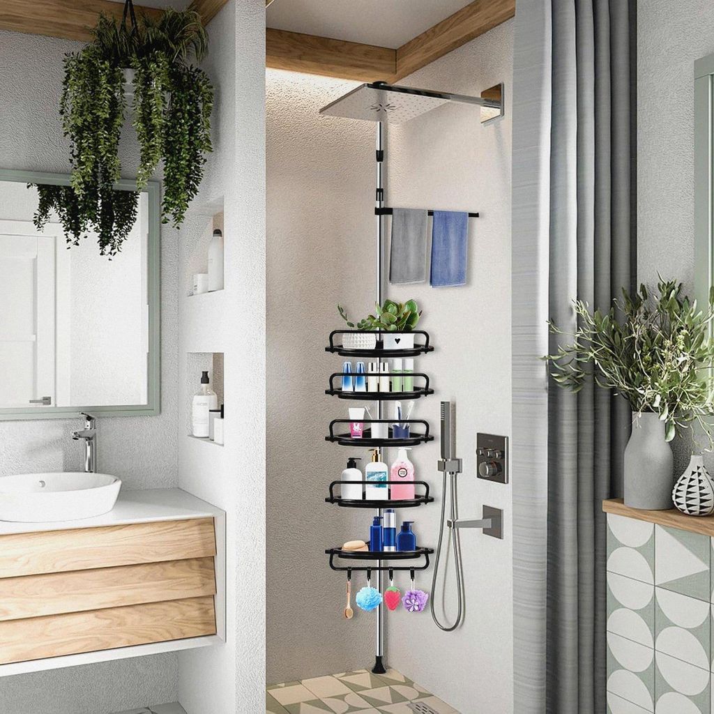 Duschregal Teleskop ohne Bohren,Regale für das Bad,Eckregal,Shampoo Halterung,Edelstahl,mit 5 Ablagen und 1 Handtuchhalter,4 Häkchen für Dusche ...