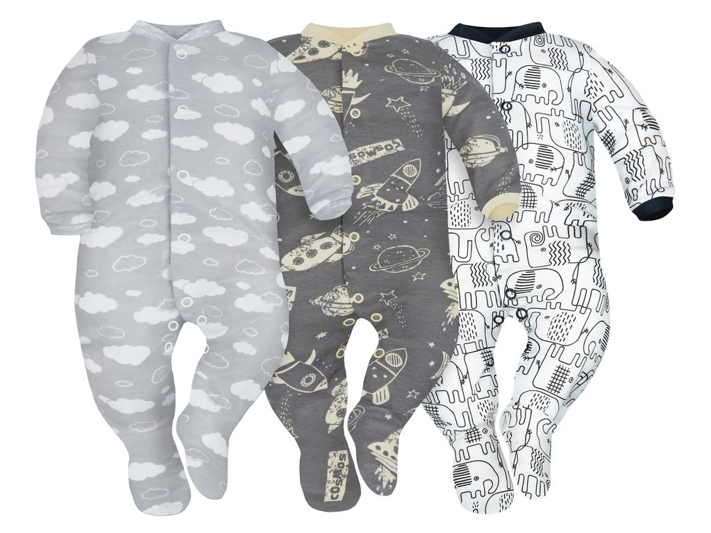 DOLCE SONNO 3er-Set Baby Schlafstrampler mit Langarm – Wolken, Kosmos, Elefanten – 100% Baumwolle – Größe 74