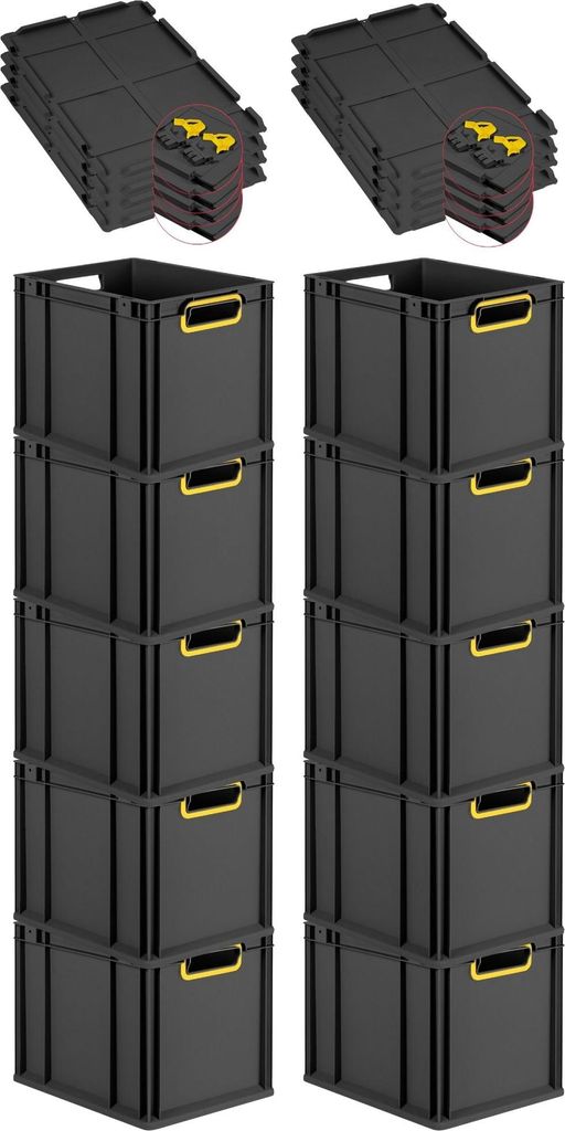 SuperSparSet 10x Eurobox NextGen Color mit Scharnierdeckel und Schiebeschnappverschlüssen | HxBxT 32x30x40cm | 30 Liter | Schwarz | Griffe gelb of...