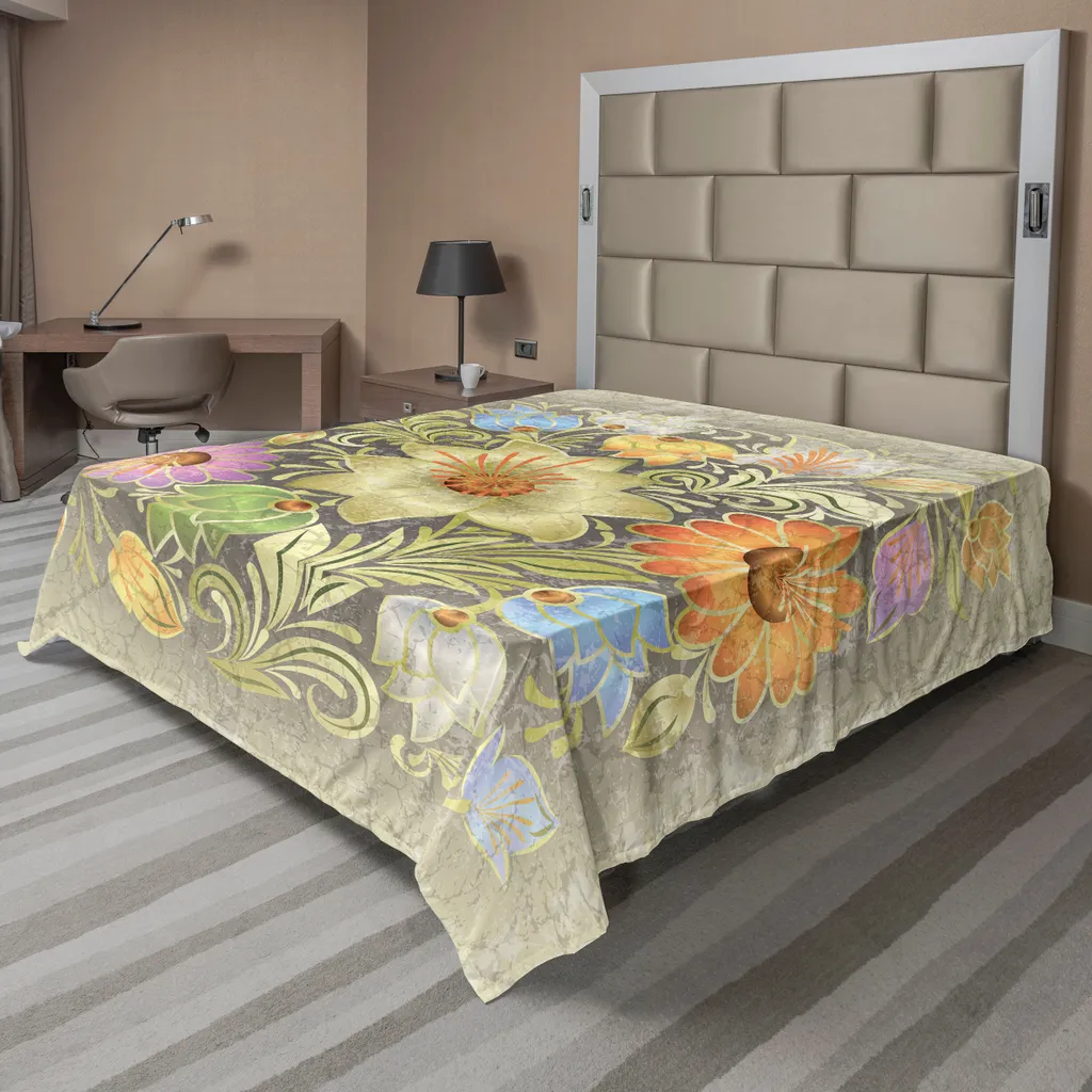 Drap de lit décoratif motif fleurs et marbre, Linge de lit 275 x 260 cm