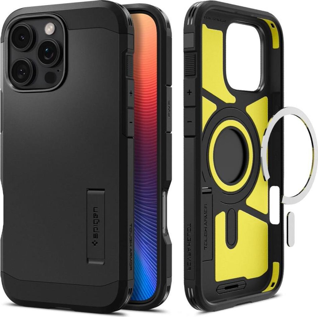 A black Spigen Tough Armor MagSafe case for an iPhone 16 Pro Max is shown from multiple angles, with the interior lining highlighted in yellow.