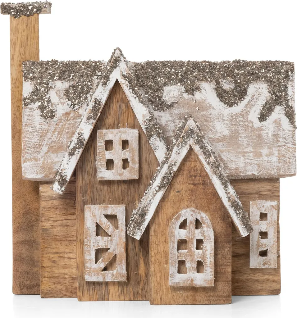 Petite maison de Noël en bois de manguier artisanal avec toit enneigé